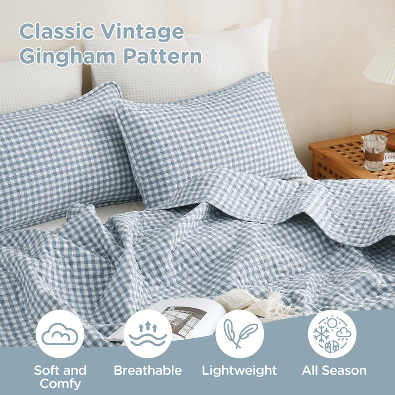 TOCOMOA Blue Gingham Quilt Bedding Set 100% Washed Cotton Bedspread Coverlet Like Linen Feel Soft Comfy Breathable 3 Piece Plaid Checkered Lightweight Comforter Set for All Season, Queen 96"x90" - Image 5