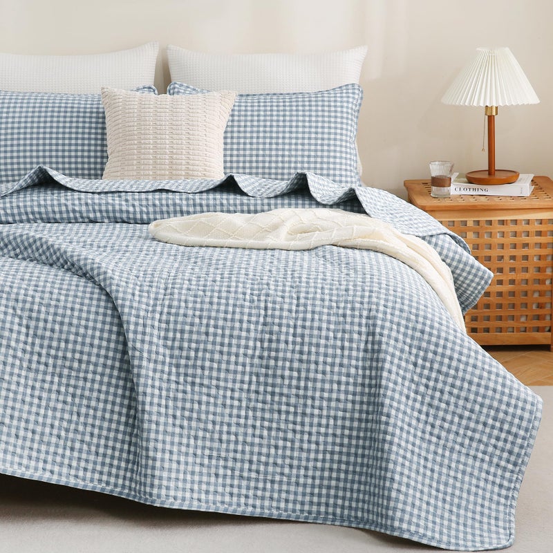 TOCOMOA Blue Gingham Quilt Bedding Set 100% Washed Cotton Bedspread Coverlet Like Linen Feel Soft Comfy Breathable 3 Piece Plaid Checkered Lightweight Comforter Set for All Season, Queen 96"x90" - Image 1