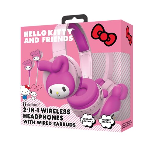 Hello Kitty 2-in-1 Wireless Bluetooth Headphones with Wired Earbuds – Foldable Over-Ear Headset with Built-in Mic, AUX Cable, Adjustable Headband, and Onboard Controls – My Melody - Image 5