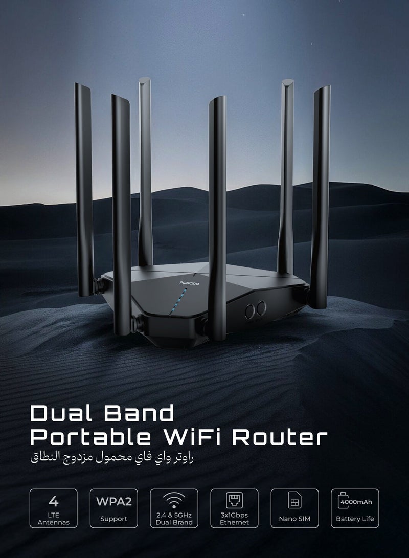 porodo Dual Band Portable Wi-Fi Router 4G & LTE with 1200 Mbps Speed & Secure Encryption / 2.4G & 5G Dual Band / Nano Sim / 3 Giga LAN Signal / 1000MBPs LAN / 4000 mAh Rechargeable Battery - Black - Image 2