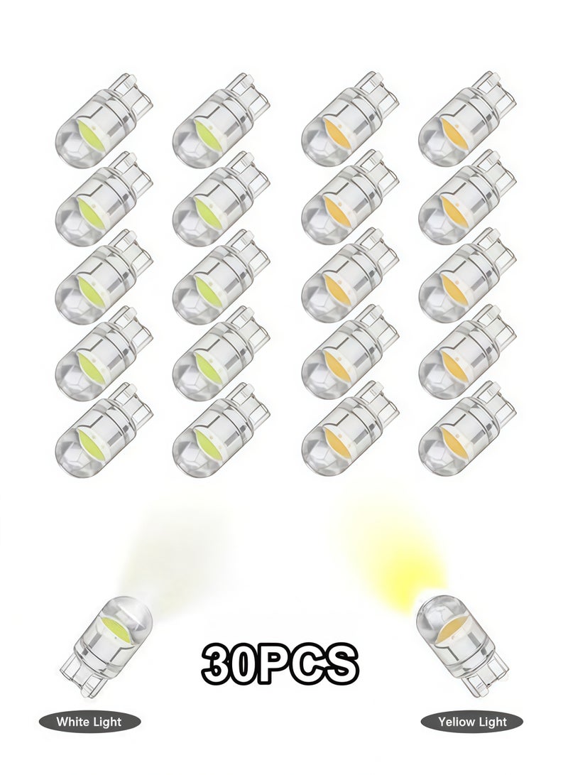 30 Pcs LED Light Bulbs White and Yellow, 6000K 68 2825 W5W T10 COB LED Wedge Replacement Bulbs, Mini Bulbs for License Plate Lights, Car Position Lamps, Map Light - Image 1