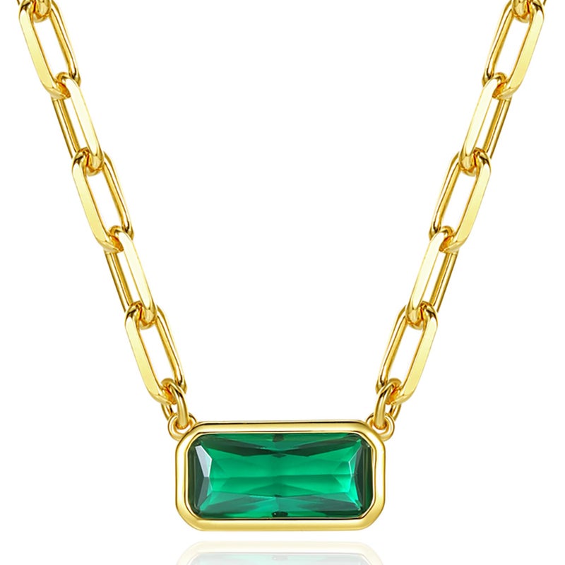 espere Emerald-Cut Pendant Necklace | Paperclip Link Chain Green CZ Solitaire Pendant Necklace | East West Bezel Set Charm 17+2'' - Gold - Image 1
