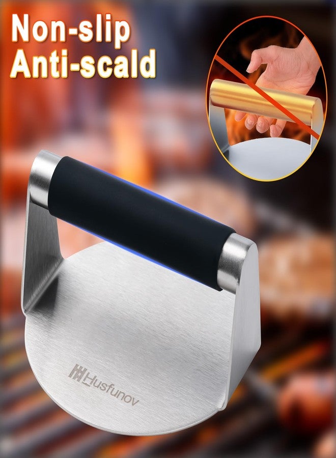 Husfunov Stainless Steel Burger Press, 5.5 Inch Round Smasher,with Anti-Scald Handle,Non-Stick Smooth Hamburger Press,Flat Bottom, for Cooking Burgers, Bacon, Ground Beef, Meats, Sausage and So On - Image 2