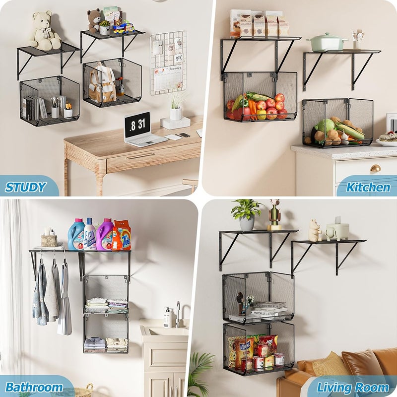 BigPonPon 2 Pack Laundry Room Shelves Organization and Storage,Wall Mounted Clothes Drying Rack with Wire Mesh Basket Over Washer and Dryer, (Black, 2 Pack) - Image 5