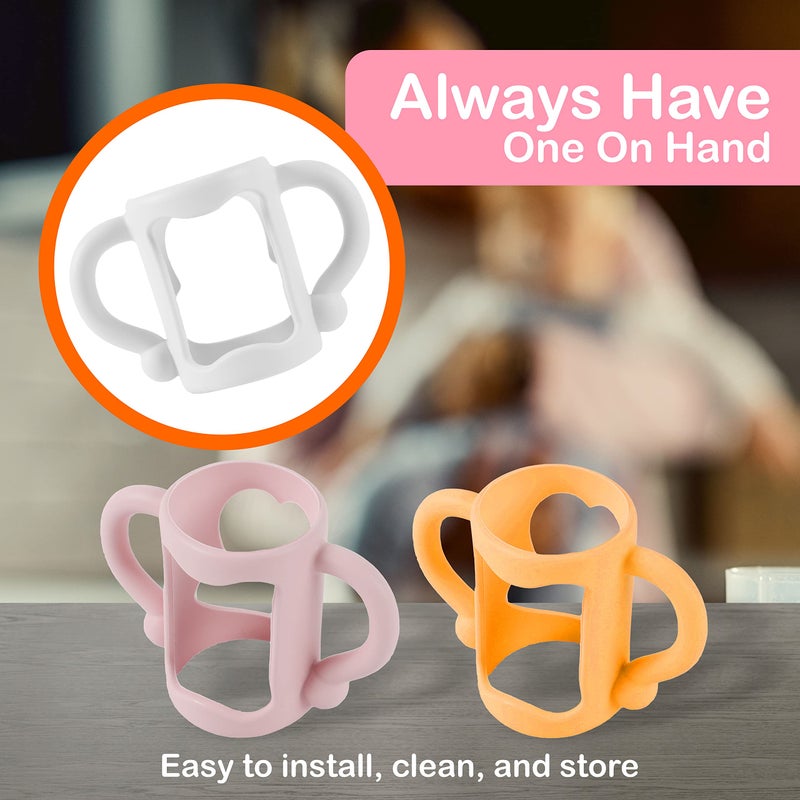 TonGass (3-Pack) Bottle Handles for Dr Brown Baby Bottles with Easy Grip Handles to Hold Their Own Bottle - BPA-Free Soft Silicone (White Pink Orange) - Image 4