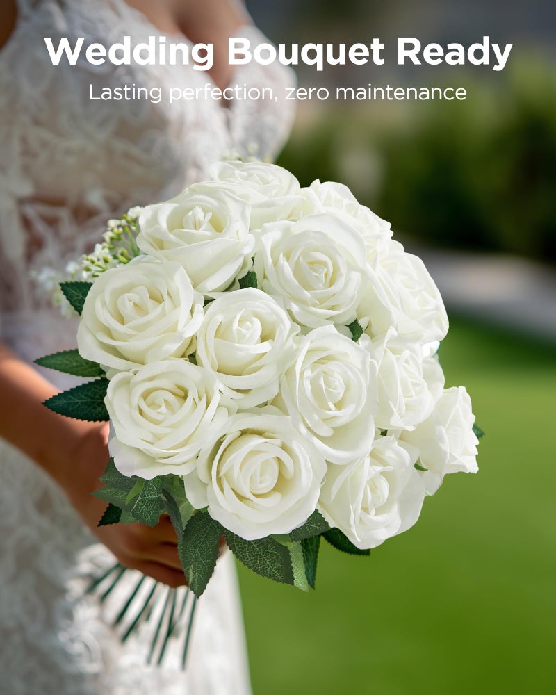 InnoGear 100 Pcs White Roses Artificial Flowers, Fake Velvet Silk Rose Bulk Faux Flower for Decoration DIY Wedding Centerpieces Proposal Bridal Bouquets Shower Party Home Floral Decor (100, White) - Image 5