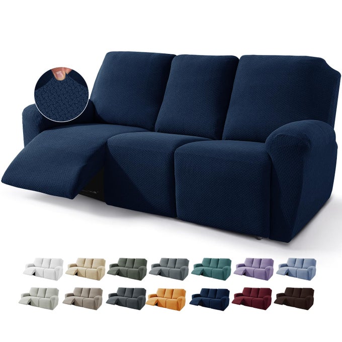 8PIECE RECLINER SOFA COVERS STRETCH JACQUARD COUCH COVERS FOR RECLINER SLIPCOVERS FOR LIVING ROOM 3 CUSHION SOFT RECLINER PROTECTOR WITH POCKET SOFA RECLINER NAVY BLUE