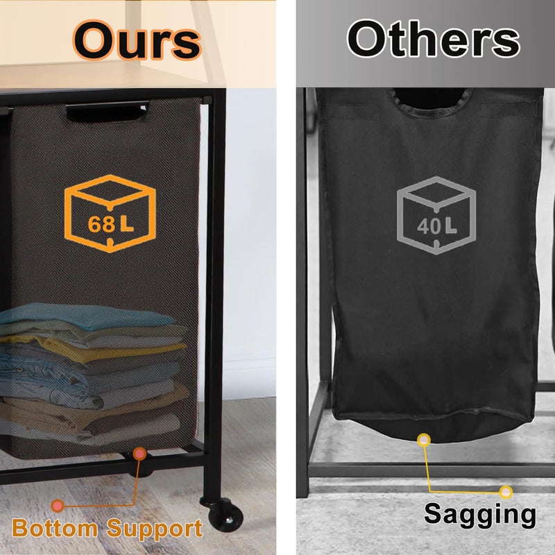 Timberer Laundry Hamper, Laundry Sorter, Rolling Laundry Basket with Wheels, 2 Shelves, 18 Gal(68L), Pull-Out and Removable Oxford Fabric Bags, for Laundry Room, Black and Rustic Brown - Image 3