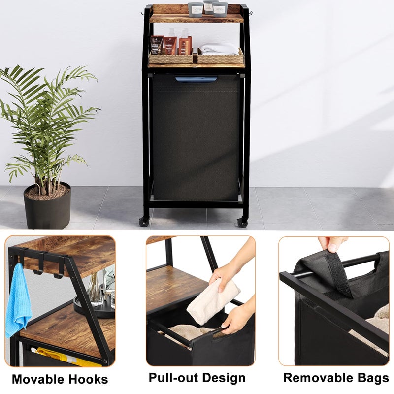 Timberer Laundry Hamper, Laundry Sorter, Rolling Laundry Basket with Wheels, 2 Shelves, 18 Gal(68L), Pull-Out and Removable Oxford Fabric Bags, for Laundry Room, Black and Rustic Brown - Image 4