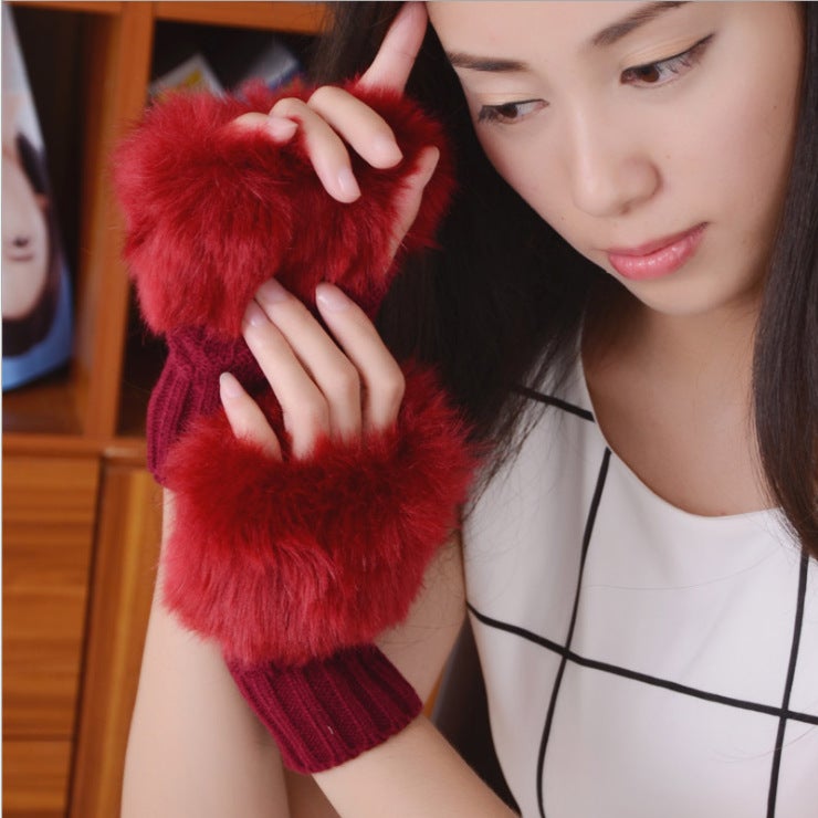 Korean version of autumn and winter warm gloves ladies half finger gloves plush padded knitted gloves open finger touch screen gloves wholesale Burgundy 