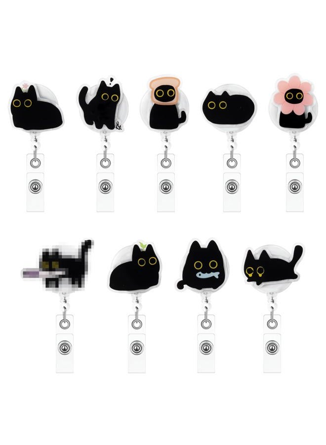 Eartim Cute Black Cat Funny Badge Reel - 9Pcs Lovely Animal Acrylic Retractable ID Badge with Metal Clip Name Tag Holder for Nurse Cat Lover Office Staff Student Birthday Gift Halloween Party Supplies - Image 1
