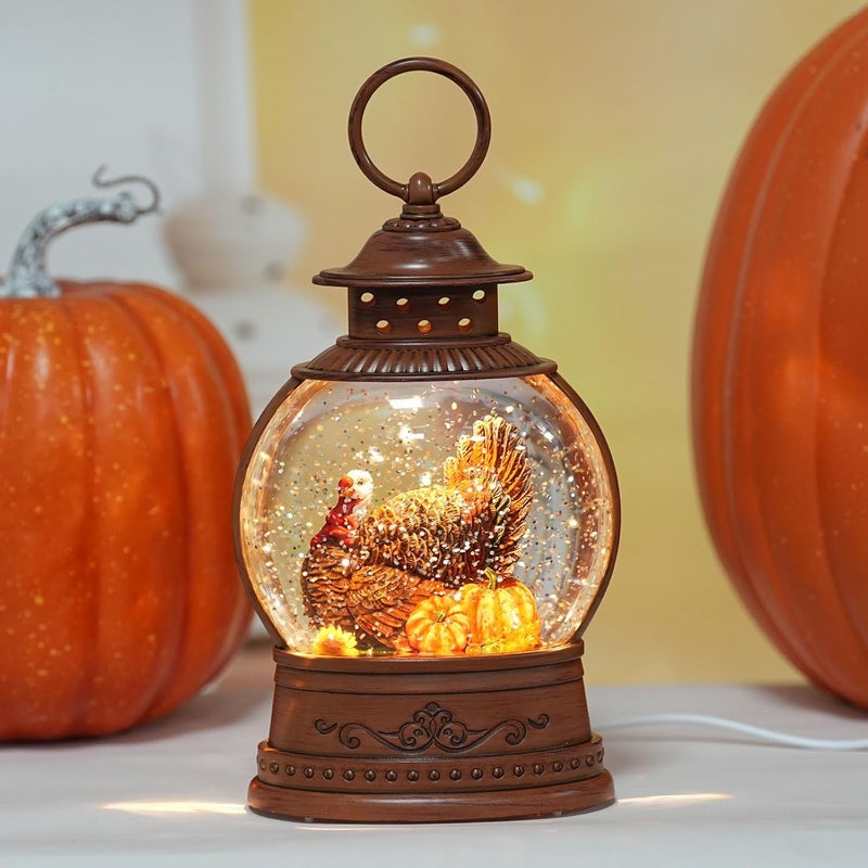 PestiLite Thanksgiving Decorations Snow Globe with Turkey Pumpkins Lighted Lantern with 6h Timer Autumn Thanksgiving Fall Tabletop Decor for Home - Image 1