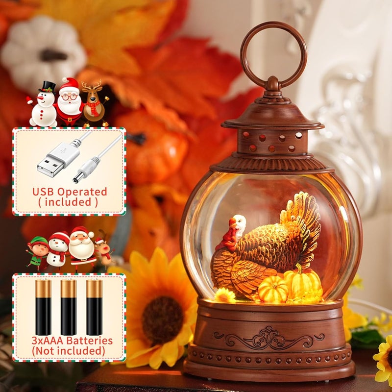 PestiLite Thanksgiving Decorations Snow Globe with Turkey Pumpkins Lighted Lantern with 6h Timer Autumn Thanksgiving Fall Tabletop Decor for Home - Image 2