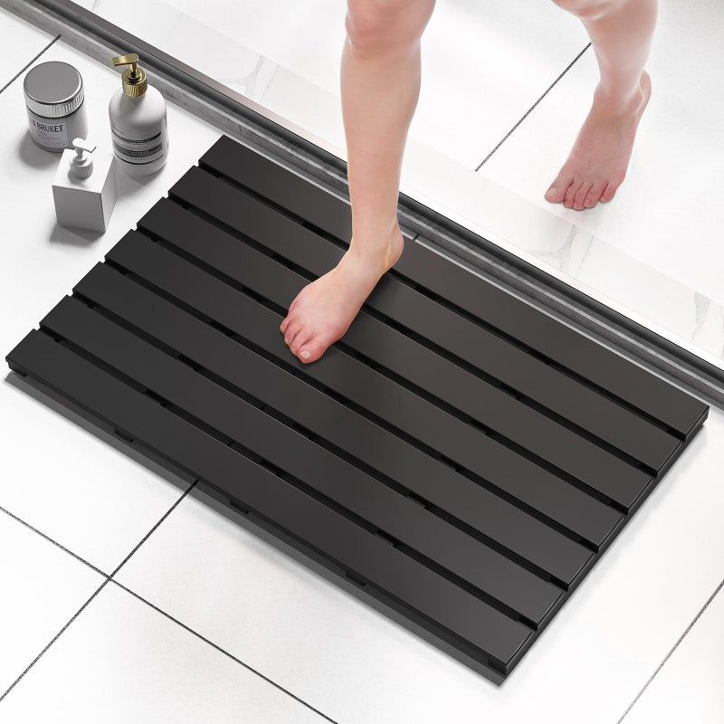 Domax Domax Wooden Bamboo Bath Shower Mat NonSlip Waterproof Large Bathroom Floor Mat for Indoor Outdoor Black 313 x 181 x 15 Inches 