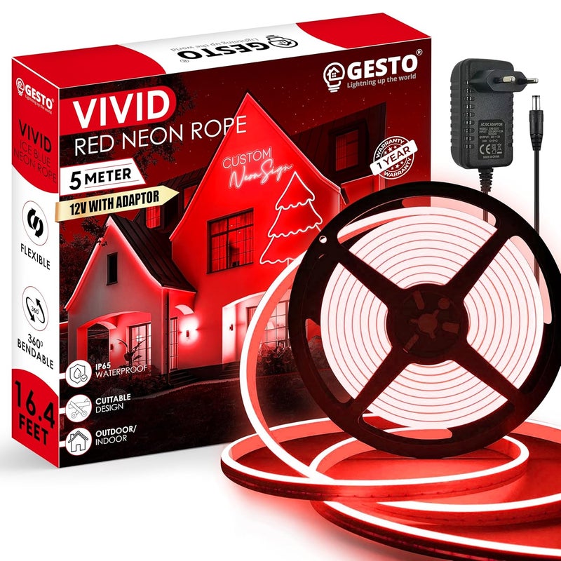 Gesto 16.4 Ft Neon LED Strip Light with 12V Adapter | Waterproof, Flexible & Cuttable Rope Light for Diwali Decor, Wall Decor, Indoor Outdoor Lighting, Neon Sign Board & Custom Name Design – Red - Image 1