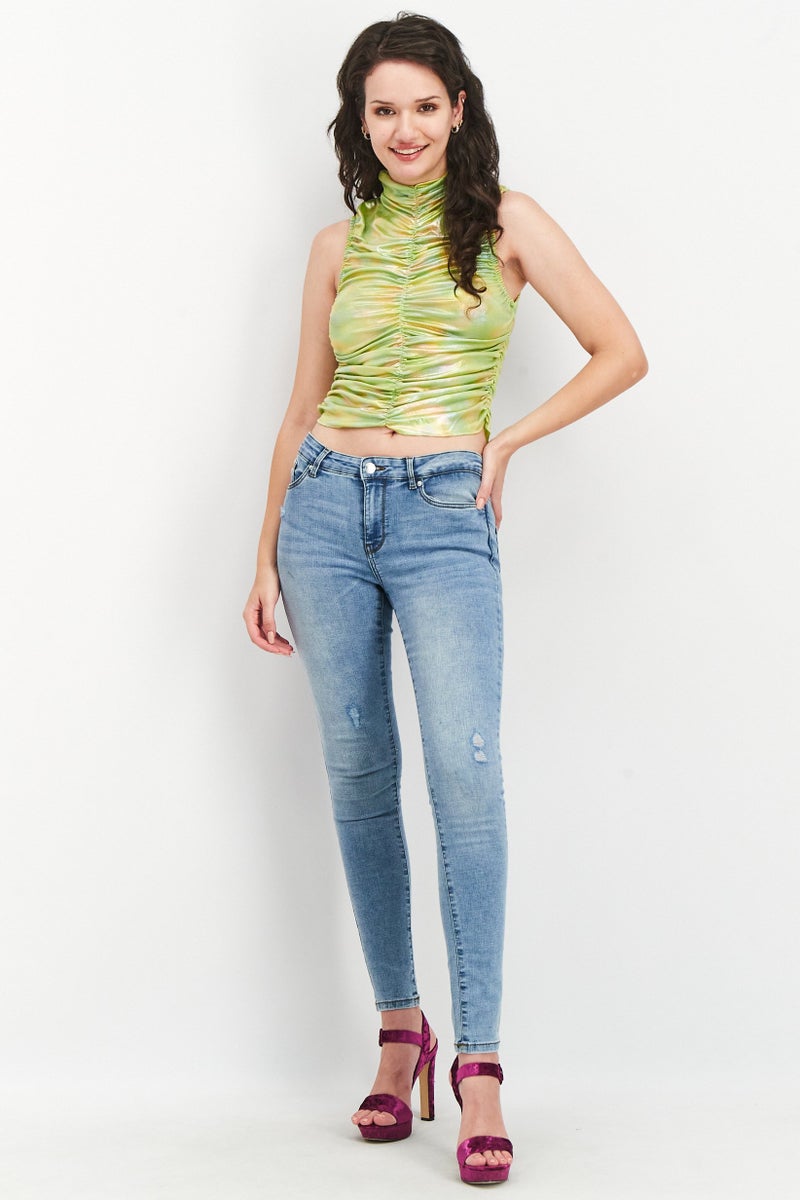 NA-KD Women Mock Neckline Sleeveless Metallic Rouched Top, Green - Image 2