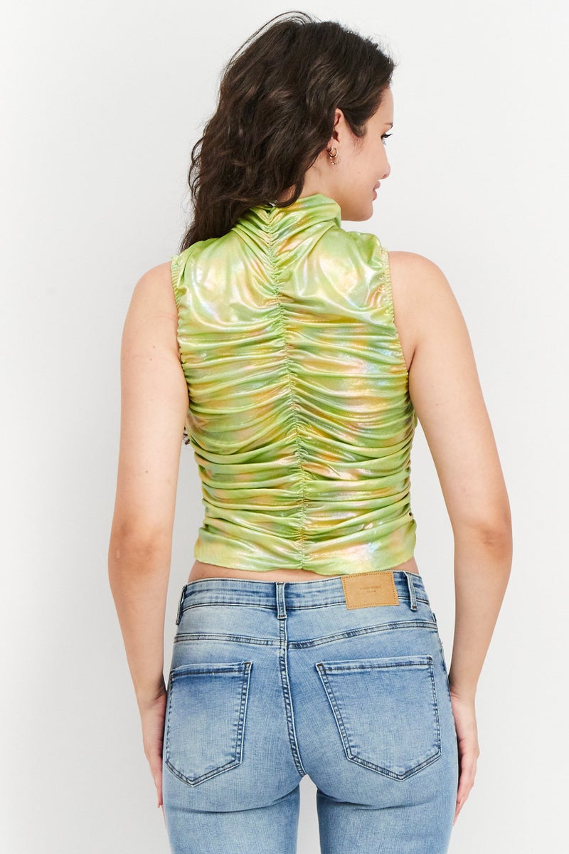 NA-KD Women Mock Neckline Sleeveless Metallic Rouched Top, Green - Image 2