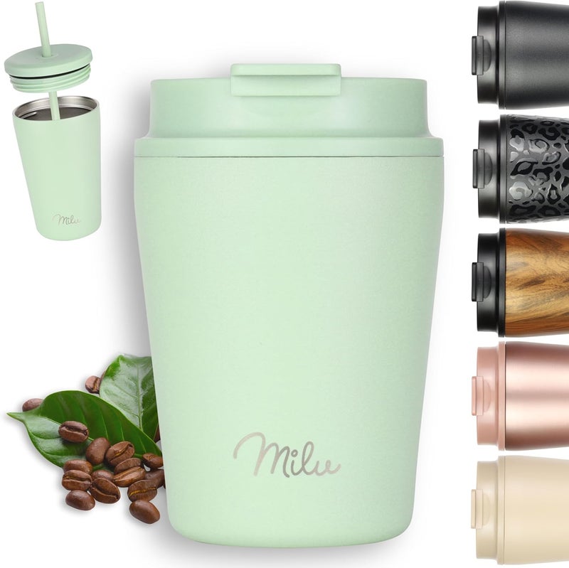 Milu Thermal Mug 300 ml - 100% Leak-Proof - Stainless Steel Coffee Mug to Go Insulated with Straw Keeps 10 Hours Hot / 20 Hours Cold, BPA-Free (Lily Green, 300 ml) - Image 1