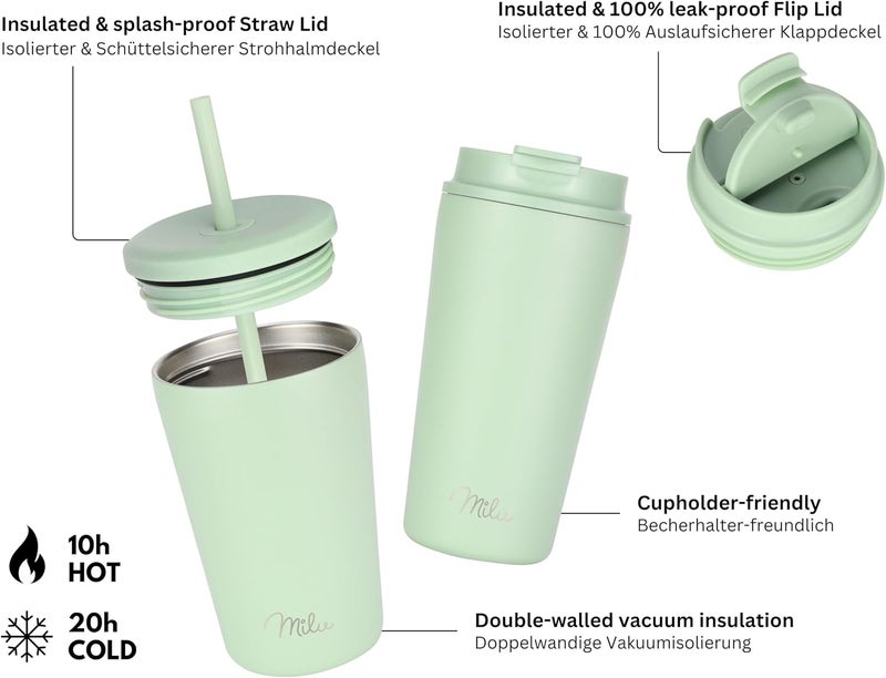Milu Thermal Mug 300 ml - 100% Leak-Proof - Stainless Steel Coffee Mug to Go Insulated with Straw Keeps 10 Hours Hot / 20 Hours Cold, BPA-Free (Lily Green, 300 ml) - Image 4