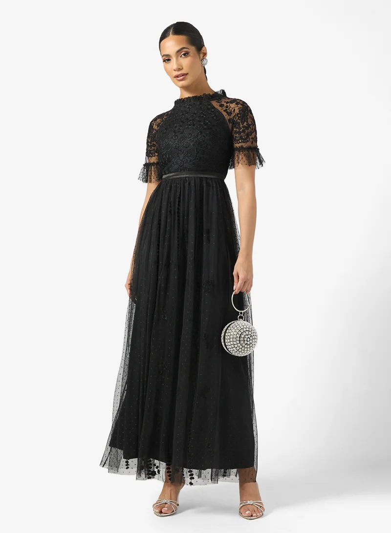 Frock and Frill Mesh Detailed Embellished Maxi Dress