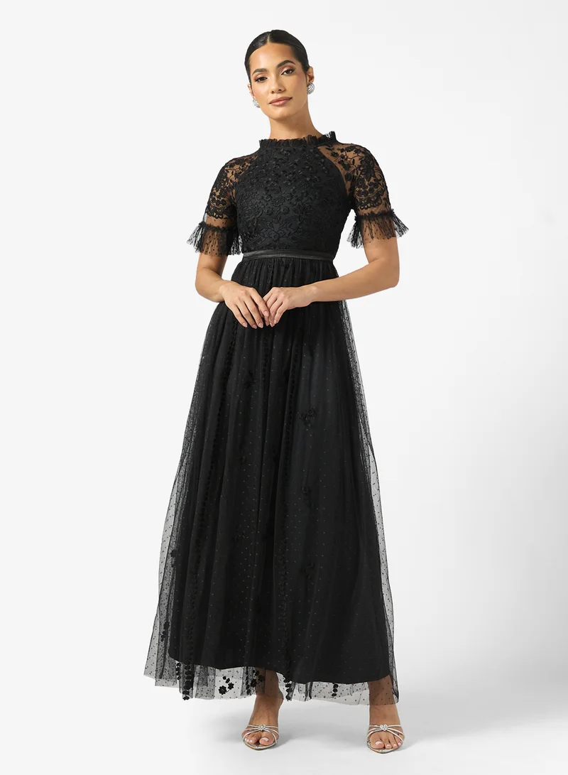 Frock and Frill Mesh Detailed Embellished Maxi Dress