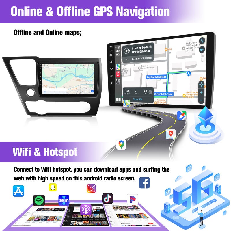 Leadfan Car Radio for Honda Civic 2013 2014 2015 2016 2017 with Wireless Carplay Android Auto, 9 Inch Touch Screen for Honda Civic Stereo, Blutooth FM GPS WiFi SWC EQ, 2G+32G - Image 4
