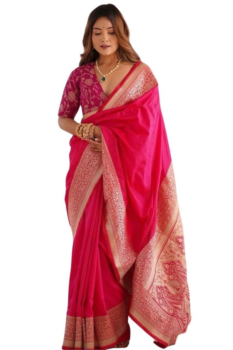 SGF11 Women's Kanjivaram Pure Soft Silk Saree With Unstitched Blouse Piece (Pink) - Image 1