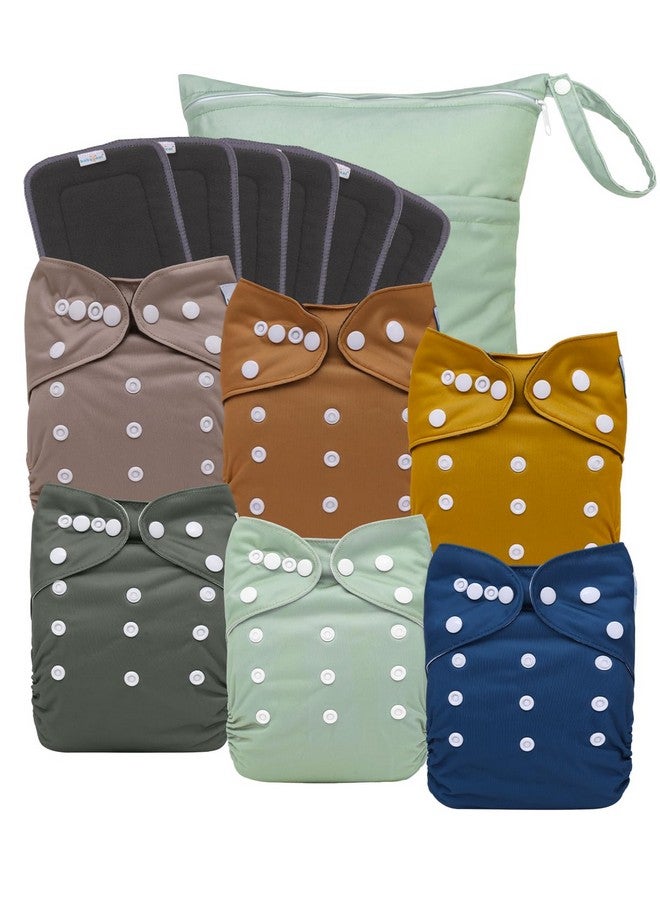babygoal Reusable Charcoal Cloth Diapers with Double Gussets, 6 Pack Washable Baby Pocket Diapers with 6pcs Charcoal Inserts and Wet Dry Bag(Solid Color) - Image 1