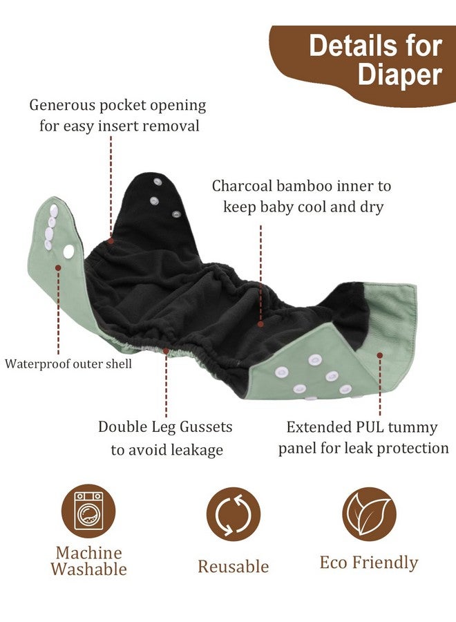 babygoal Reusable Charcoal Cloth Diapers with Double Gussets, 6 Pack Washable Baby Pocket Diapers with 6pcs Charcoal Inserts and Wet Dry Bag(Solid Color) - Image 4