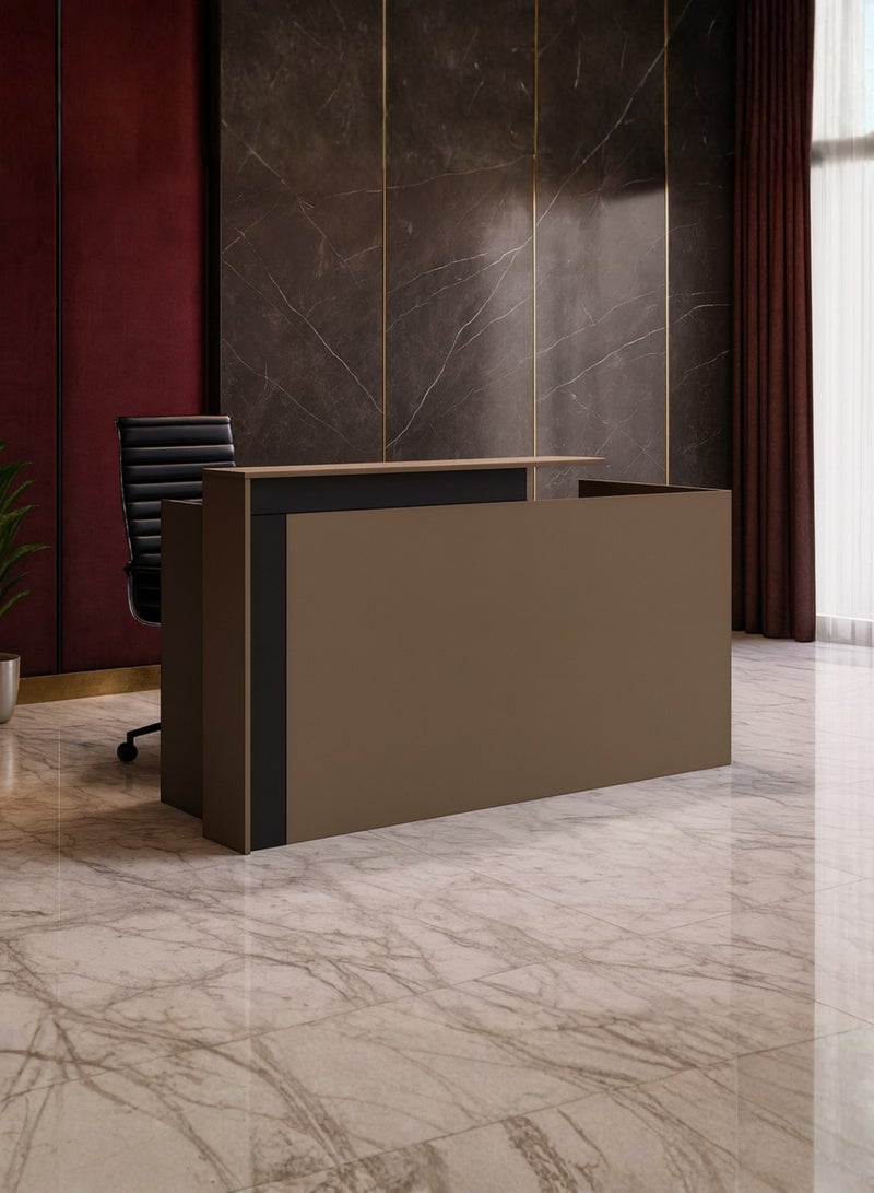 Karnak Legacy Modern Wooden Reception Desk Counter | Office Front Desk with Black Accent, Durable Finish & Spacious Workstation for Offices, Clinics, Hotels, Salons & Showrooms (Brown) - Image 1