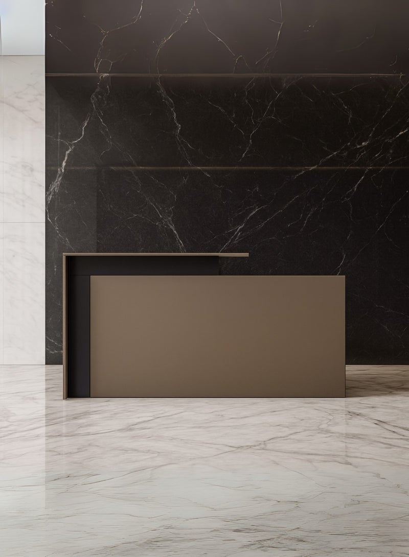 Karnak Legacy Modern Wooden Reception Desk Counter | Office Front Desk with Black Accent, Durable Finish & Spacious Workstation for Offices, Clinics, Hotels, Salons & Showrooms (Brown) - Image 2