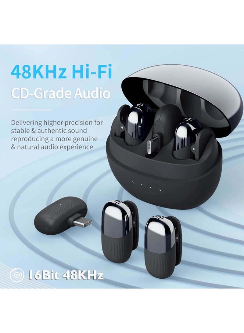 SOLARAE ميكروفون لافاليير لاسلكي، ميكروفون مصغر احترافي 2.4 جيجاهرتز لـ USB C، ميكروفون لاسلكي لتقليل الضوضاء، للبث المباشر على يوتيوب وتيك توك والفيديوهات والمقابلات، أسود - Image 2