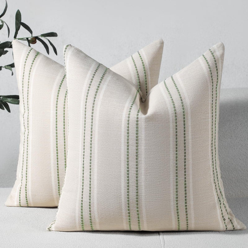 Hckot Spring Throw Pillow Covers 20x20 Set of 2 Green Striped Pillow Covers Decorative Pillows Square Cushion Covers for Sofa Couch Bed Living Room Farmhouse Decor,Sage Green - Image 1
