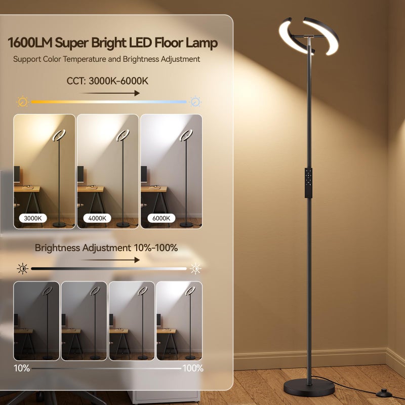 SUNMORY Floor Lamps for Living Room, 28W/1600LM Bright LED Floor Lamp with Remote & 2 Rotatable Lights, 74" Dimmable Tall Standing Lamp, Modern Reading Torchiere Corner Lamp for Bedroom Office, Black - Image 3
