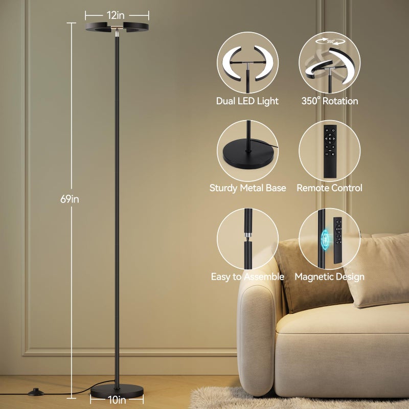 SUNMORY Floor Lamps for Living Room, 28W/1600LM Bright LED Floor Lamp with Remote & 2 Rotatable Lights, 74" Dimmable Tall Standing Lamp, Modern Reading Torchiere Corner Lamp for Bedroom Office, Black - Image 2