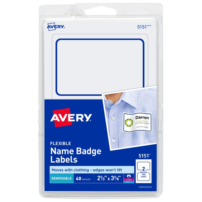 Avery Flexible Printable Name Tags, 2-1/3" x 3-3/8", White with Blue Border, 40 Removable Name Badges (05151) - Image 1