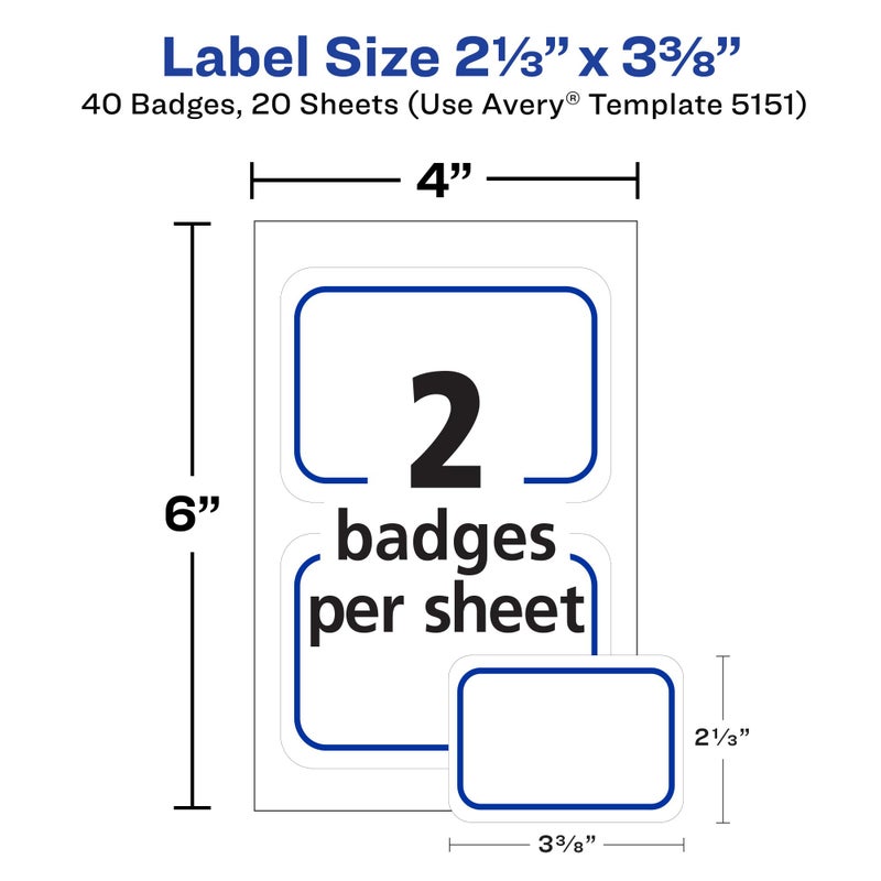 Avery Flexible Printable Name Tags, 2-1/3" x 3-3/8", White with Blue Border, 40 Removable Name Badges (05151) - Image 3