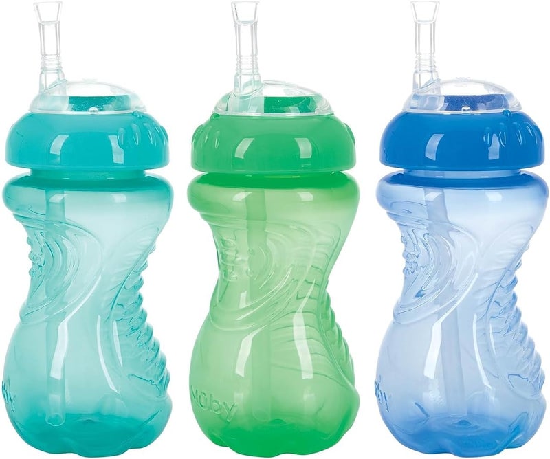 Nuby 3 Pack No Spill Flex Straw Toddler Sippy Cups  Toddler Cups Spill Proof with Easy and Firm Grip  Green Blue Aqua - Image 1