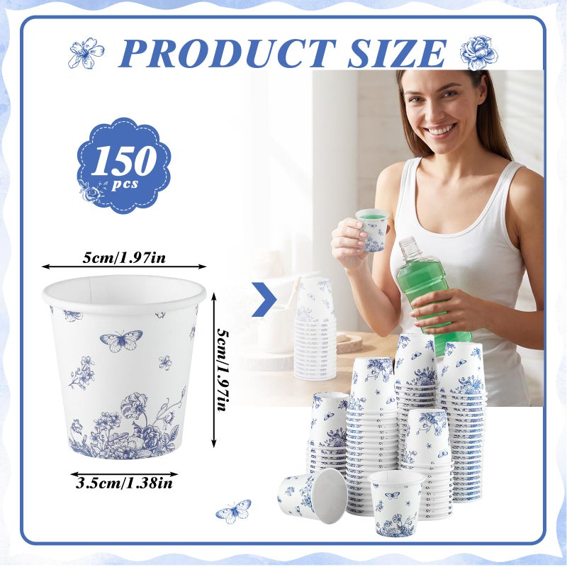 NatNarr 2 oz Bathroom Cups, 150 Pack Mini Mouthwash Cup Disposable Small Paper Cups Blue Floral Pattern Paper Cup for Hot/Cold Beverage Coffee Dessert Bathroom Home Picnic Party - Image 2