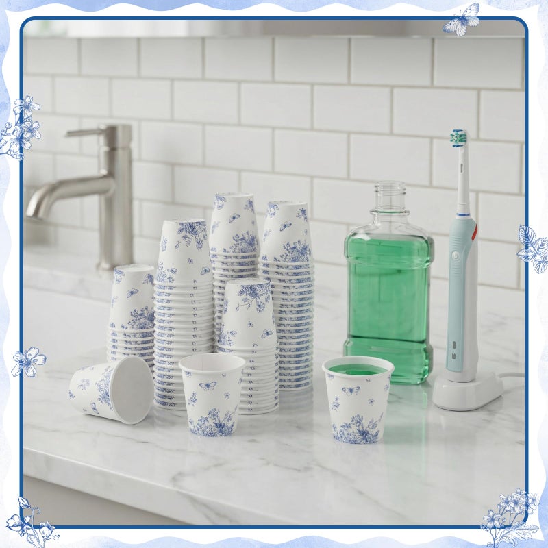 NatNarr 2 oz Bathroom Cups, 150 Pack Mini Mouthwash Cup Disposable Small Paper Cups Blue Floral Pattern Paper Cup for Hot/Cold Beverage Coffee Dessert Bathroom Home Picnic Party - Image 3