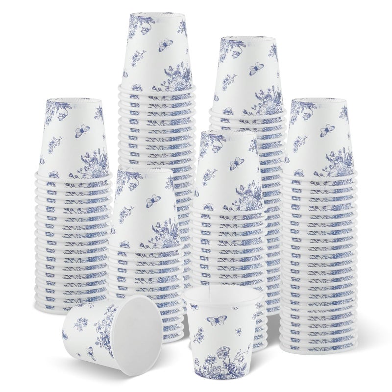NatNarr 2 oz Bathroom Cups, 150 Pack Mini Mouthwash Cup Disposable Small Paper Cups Blue Floral Pattern Paper Cup for Hot/Cold Beverage Coffee Dessert Bathroom Home Picnic Party - Image 1