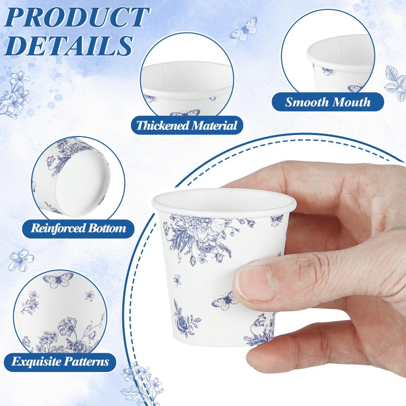 NatNarr 2 oz Bathroom Cups, 150 Pack Mini Mouthwash Cup Disposable Small Paper Cups Blue Floral Pattern Paper Cup for Hot/Cold Beverage Coffee Dessert Bathroom Home Picnic Party - Image 4