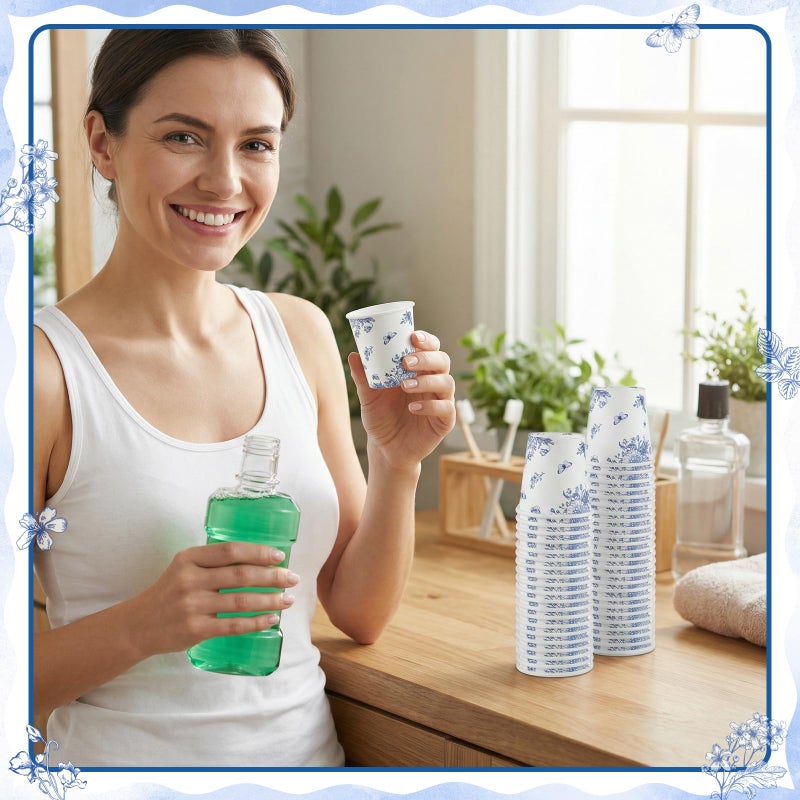 NatNarr 2 oz Bathroom Cups, 150 Pack Mini Mouthwash Cup Disposable Small Paper Cups Blue Floral Pattern Paper Cup for Hot/Cold Beverage Coffee Dessert Bathroom Home Picnic Party - Image 5
