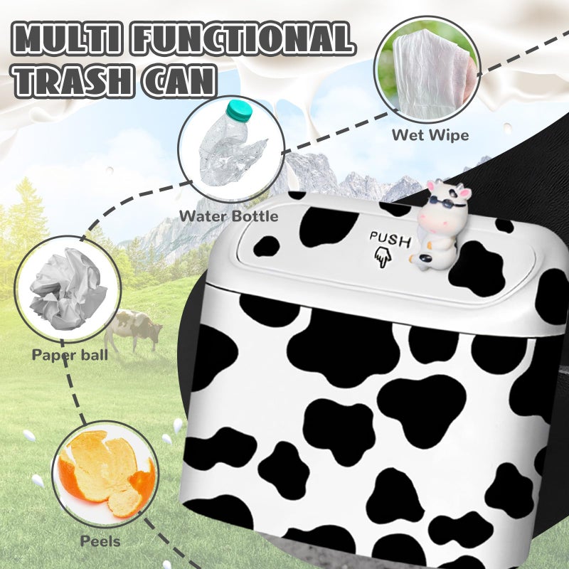 SuperKaKa Car Cow Print Trash Can - White Garbage Organizer Holder with Black Trash Bag Rolls, Cute Automotive Dustbin for Most Cars Interior Accessories (1, White) - Image 4