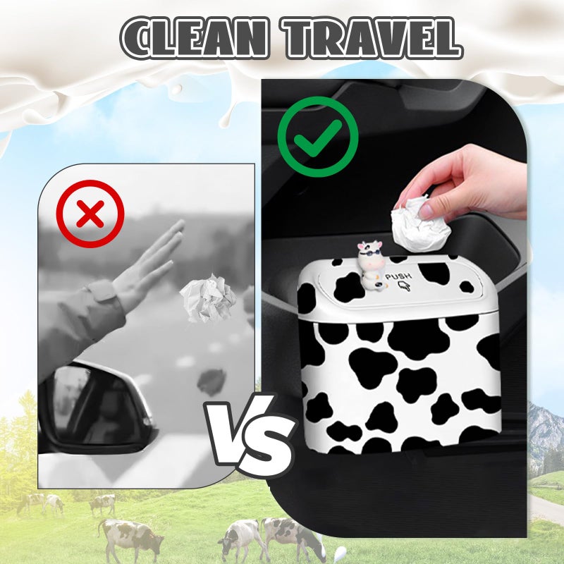 SuperKaKa Car Cow Print Trash Can - White Garbage Organizer Holder with Black Trash Bag Rolls, Cute Automotive Dustbin for Most Cars Interior Accessories (1, White) - Image 5