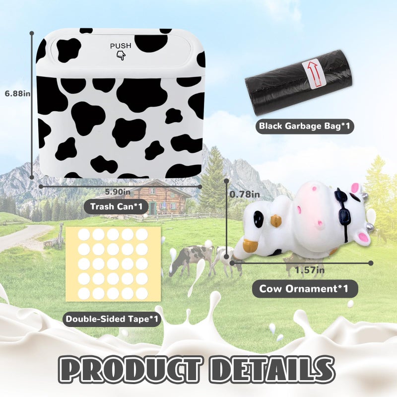 SuperKaKa Car Cow Print Trash Can - White Garbage Organizer Holder with Black Trash Bag Rolls, Cute Automotive Dustbin for Most Cars Interior Accessories (1, White) - Image 2