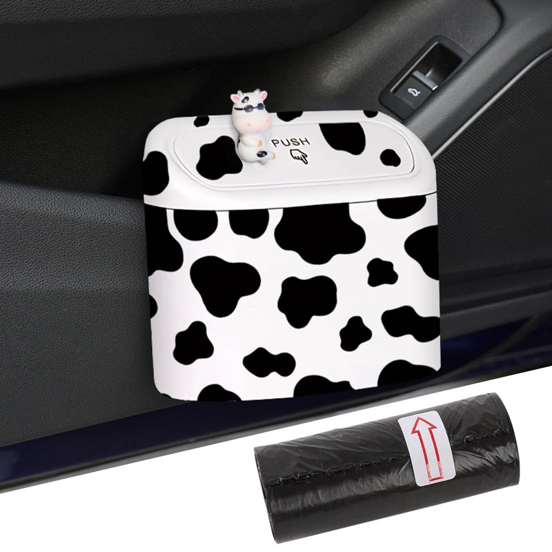 SuperKaKa Car Cow Print Trash Can - White Garbage Organizer Holder with Black Trash Bag Rolls, Cute Automotive Dustbin for Most Cars Interior Accessories (1, White) - Image 1