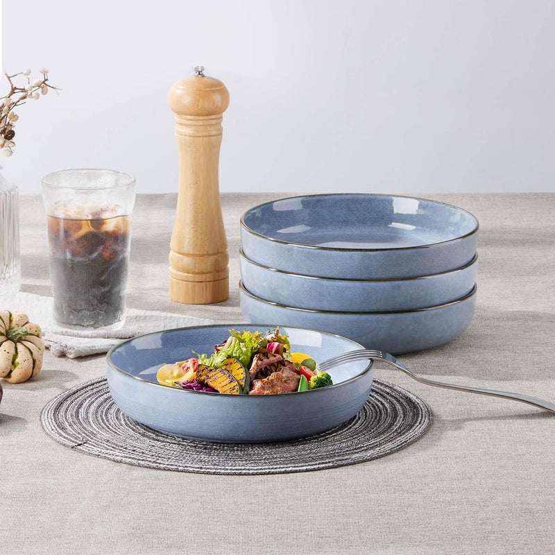 LIANYU Stoneware Pasta Bowls Set of 4 37oz Large Salad Pasta Bowl for Home Wide and Shallow Ceramic Plate Bowls for Serving Soup Dinner Microwave  Dishwasher Safe Serenity Blue - Image 3