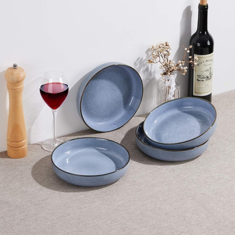 LIANYU Stoneware Pasta Bowls Set of 4 37oz Large Salad Pasta Bowl for Home Wide and Shallow Ceramic Plate Bowls for Serving Soup Dinner Microwave  Dishwasher Safe Serenity Blue - Image 5