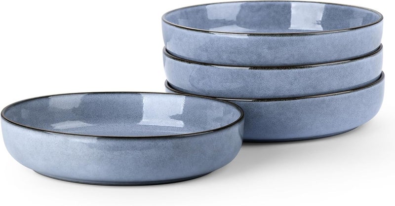 LIANYU Stoneware Pasta Bowls Set of 4 37oz Large Salad Pasta Bowl for Home Wide and Shallow Ceramic Plate Bowls for Serving Soup Dinner Microwave  Dishwasher Safe Serenity Blue - Image 1